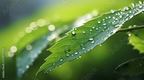 Macro view of dew drops on vibrant green leaves © jiejie