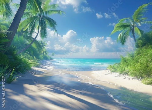 Painting of a Tropical Beach With Palm Trees