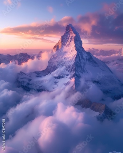 Towering Mountain Surrounded by Clouds