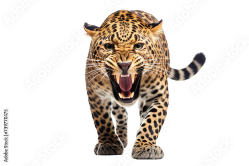A leopard fiercely displays its sharp teeth as it opens its mouth wide in a threatening gesture. on a White or Clear Surface PNG Transparent Background.