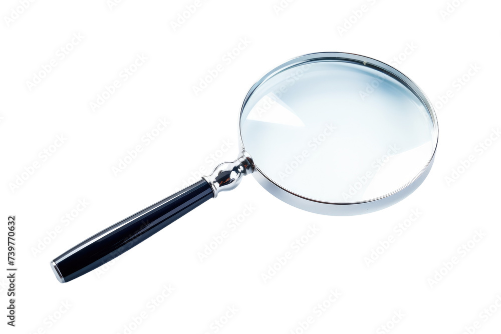 A magnifying glass placed showcasing its design and functionality. on a White or Clear Surface PNG Transparent Background. A magnifying glass placed showcasing its design and functionality. on a White or Clear Surface PNG Transparent Background.