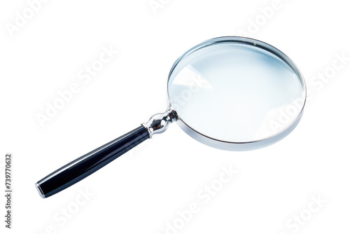 A magnifying glass placed showcasing its design and functionality. on a White or Clear Surface PNG Transparent Background.