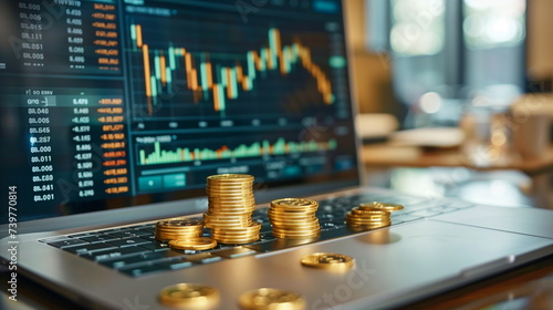 Wallpaper Mural Golden coins on a laptop with financial market graphs on the screen, depicting online trading. Torontodigital.ca