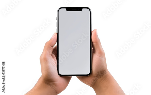 A person holds a cell phone in their hands, engaging with the device. on a White or Clear Surface PNG Transparent Background.