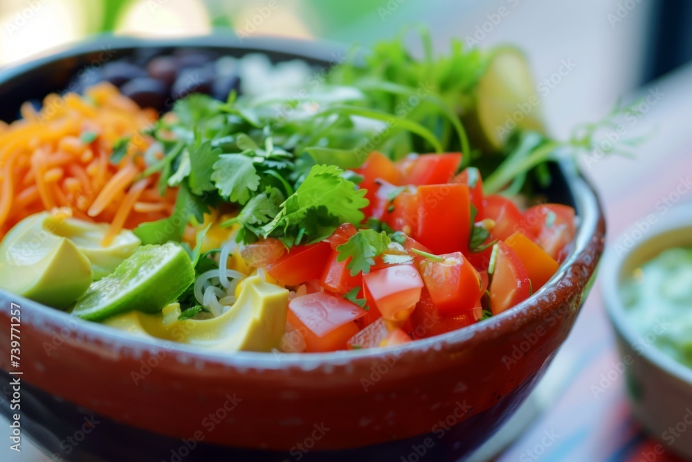 Close-up of a vibrant Mexican salad with fresh tomatoes, avocado, cheese, and black beans in a bowl. Close-up of a vibrant Mexican salad with fresh tomatoes, avocado, cheese, and black beans in a bowl.