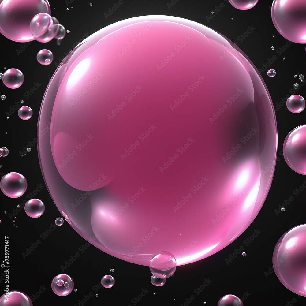 Pink bubblegum and bubbles on black background