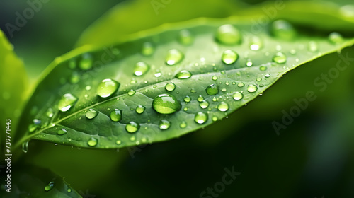 Macro view of dew drops on vibrant green leaves