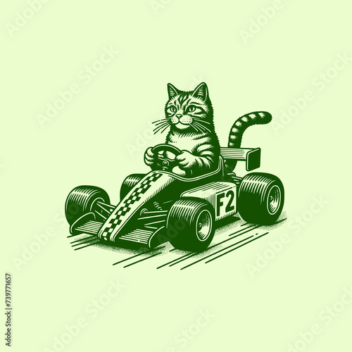 cat riding racer formula one car in retro vintage art style vector illustration