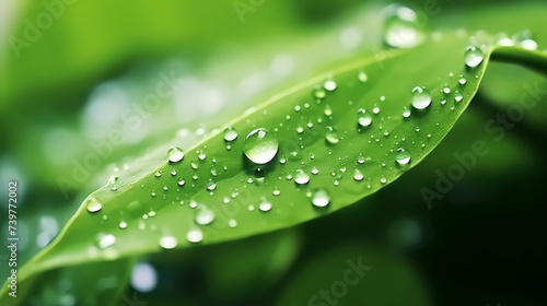 Macro view of dew drops on vibrant green leaves