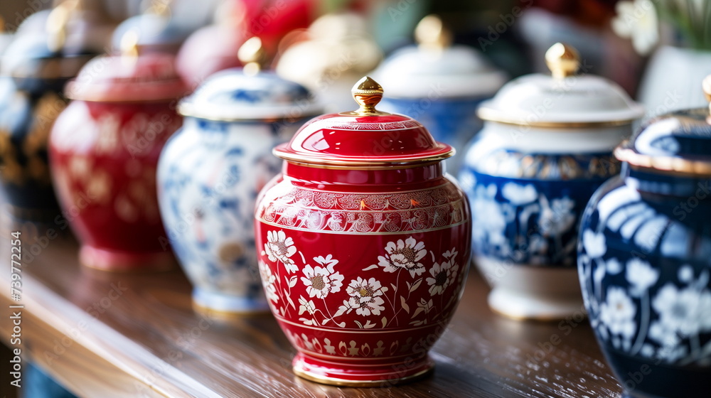 Ornate porcelain jars with intricate designs displayed on a wooden shelf. Ornate porcelain jars with intricate designs displayed on a wooden shelf.