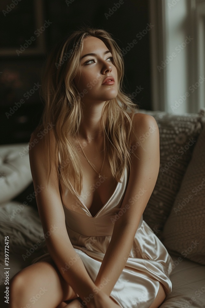 Obraz premium Attraktive junge Frau mit blonden Haaren in einem Satin Kleid, sitzt auf dem Sofa