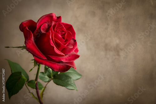 Beautiful view of red rose on an old wooden background