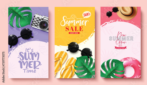 Summer sale text poster set design. Summer time special offer discount promo collection with camera, sunglasses and leaves elements in abstract background. Vector illustration summer poster sale 