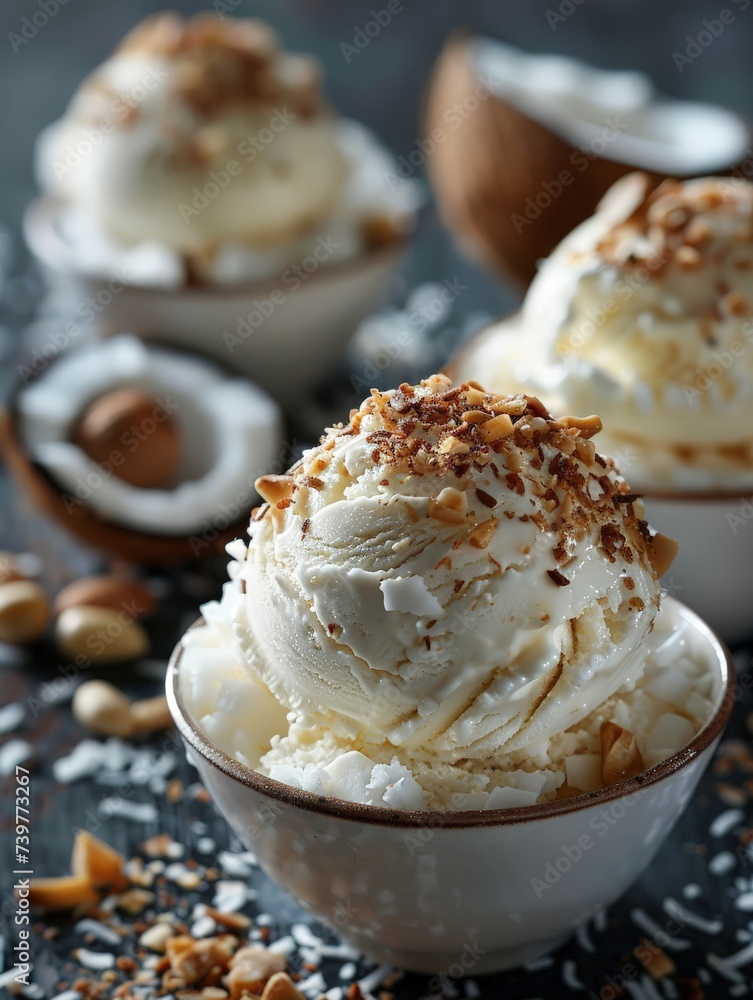 closeup of a scoup of coconut icecream topped with nuts closeup of a scoup of coconut icecream topped with nuts