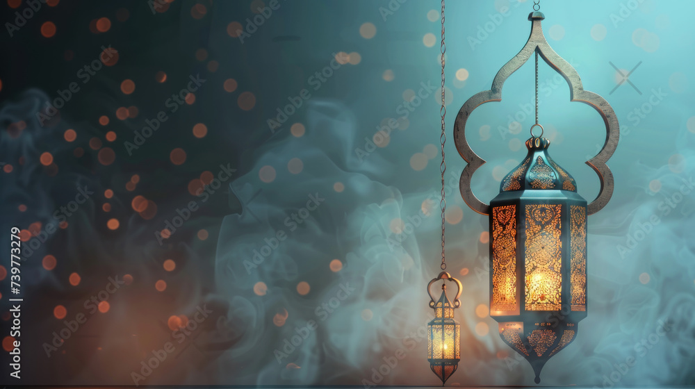 A lantern is placed on a wooden table with a beautiful background for the Muslim feast of the holy month of Ramadan Kareem. Eid ul Fiter, Eid ul Adha, Islamic wallpaper and background