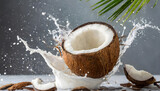 White fresh coconut milk wave splash with coconuts