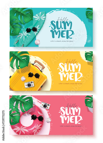 Hello summer text vector banner set. Summer hello greeting text with beach elements in  blue, yellow and pink background design collection. Vector illustration summer greeting banner collection. 
