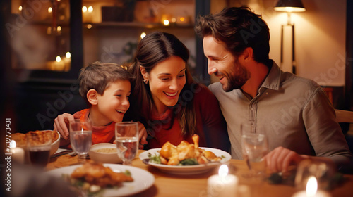 A family with father and mother in their 38s, son and daughter enjoying a delicious dinner, happy, warm home, soft lighting.