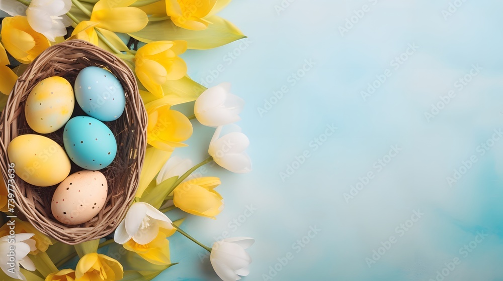 Easter Eggs in a Basket With Yellow Tulip Bouquet on a Colored Table