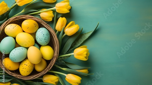 Easter Eggs in a Basket With Yellow Tulip Bouquet on a Colored Table