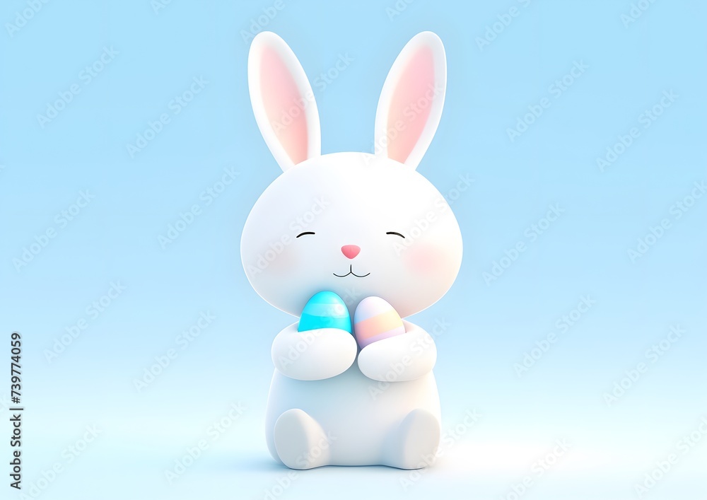 Obraz premium White Bunny Holding Eggs in Its Paws
