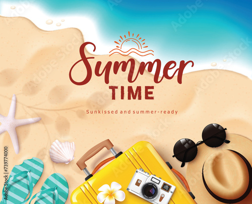 Summer time text vector design. Summer time greeting text with luggage, camera, hat and flipflop beach elements in seashore background for tropical season promotion. Vector illustration summer time 