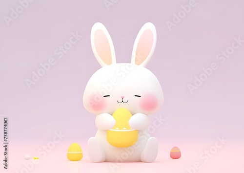 White Bunny Holding a Painted Yellow Easter Egg
