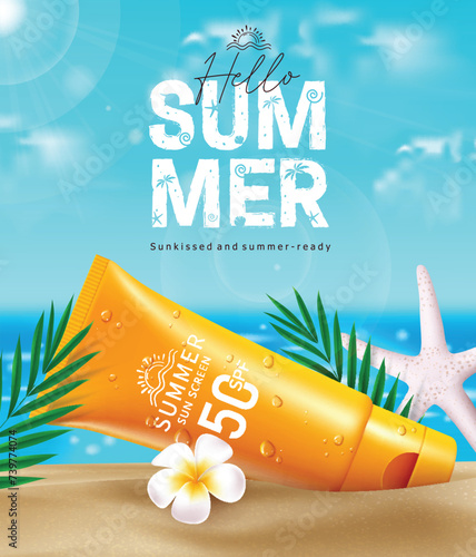 Summer hello text vector poster design. Hello summer greeting text with sunblock sunscreen travel elements for beach travel sun protection product advertisement banner. Vector illustration summer 
