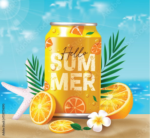 Summer soda vector design. Hello summer text in cola drink with slice orange fruit flavor for tropical season refreshment elements. Vector illustration summer soda advertisement concept. 
