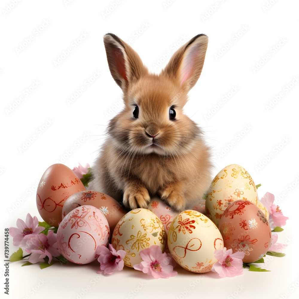 Rabbit Sitting in Front of Easter Decorated Eggs