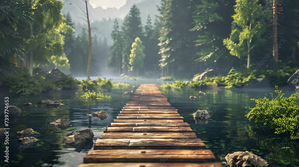 Wooden pier passage to the forest - obrazy, fototapety, plakaty 