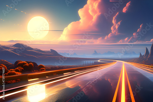 driving on the highway at sunset. Generative AI