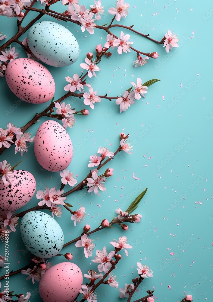 Blue Background With Blue and Pink Eggs and Flowers