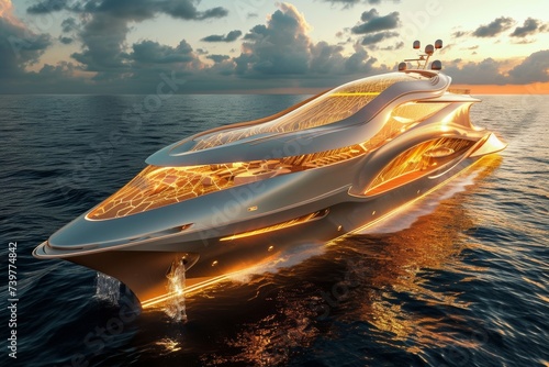 A futuristic luxury mega yacht with golden glass in the ocean