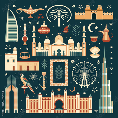 Obraz na płótnie Travel Emirates Element Collection of UAE Symbols w salonie