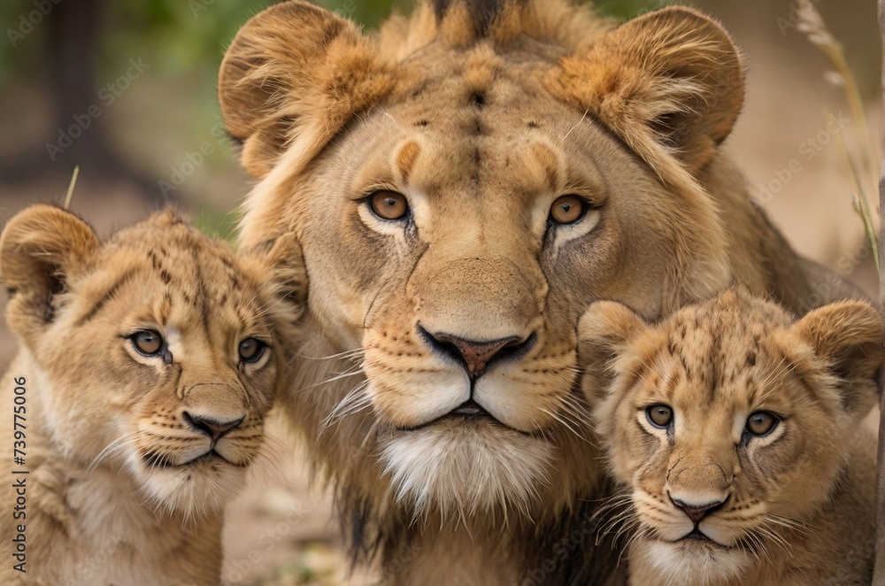 Majestic African lion and lioness. Wild animal of Africa in nature. AI generated