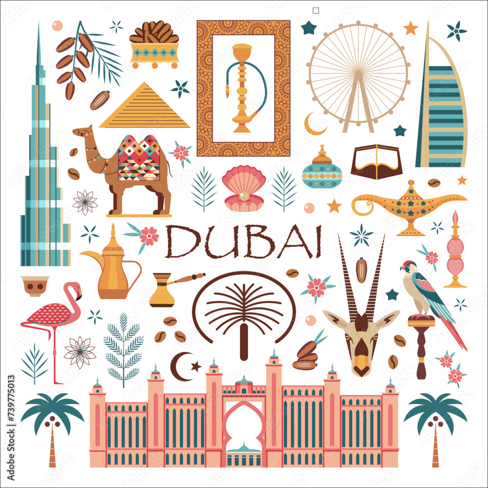 Dubai Travel Poster with UAE Landmarks and Symbols