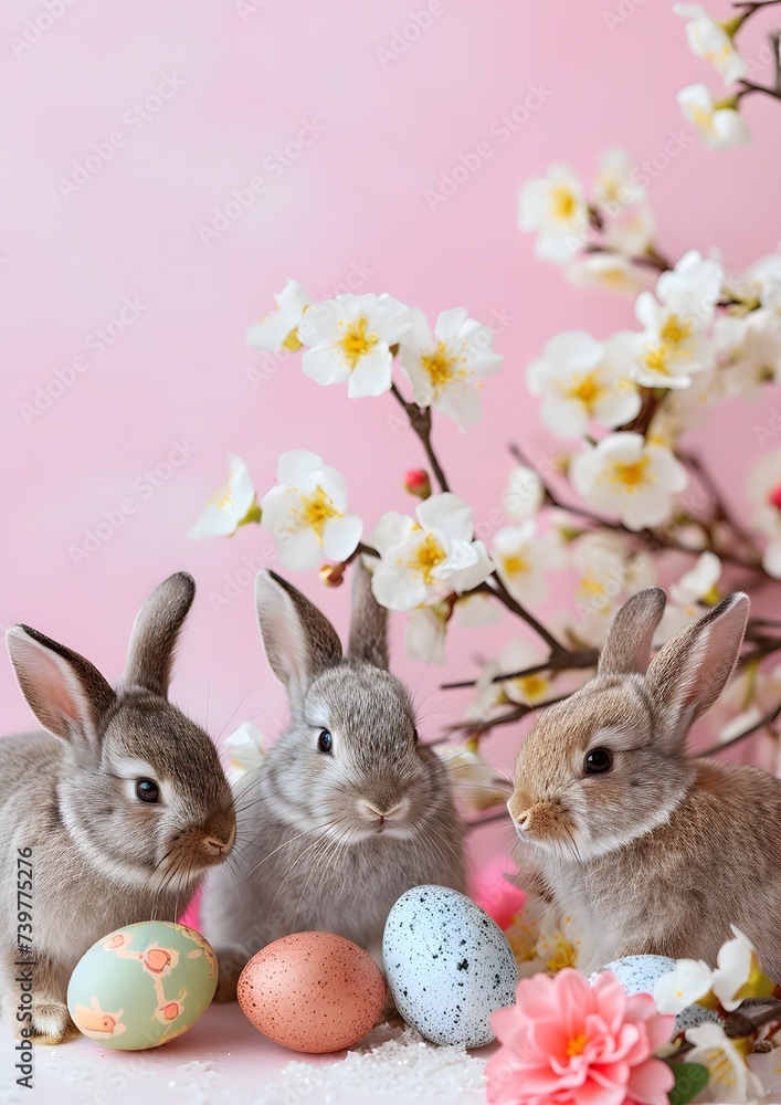 Fototapeta premium Rabbits Sitting Together with Flowers and Easter Eggs