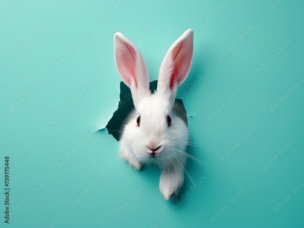 White Rabbit Peeking Through Hole in Blue Wall White Rabbit Peeking Through Hole in Blue Wall