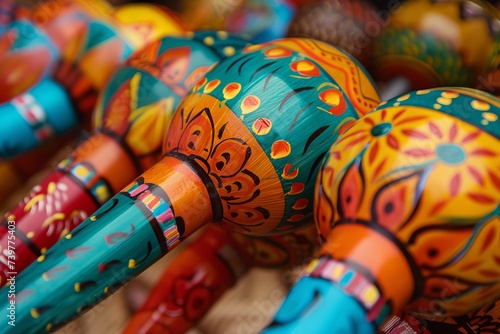 Close-up of traditional Mexican maracas, hand-painted with vibrant colors and folk patterns.