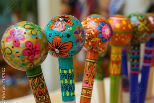 Close-up of traditional Mexican maracas, hand-painted with vibrant colors and folk patterns.