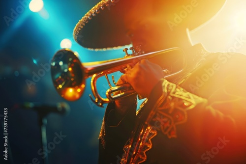 A mariachi musician passionately playing the trumpet on stage with a vibrant and dynamic lighting setting.