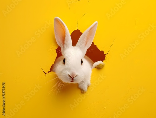 White Rabbit Peeking Through Hole in Yellow Wall