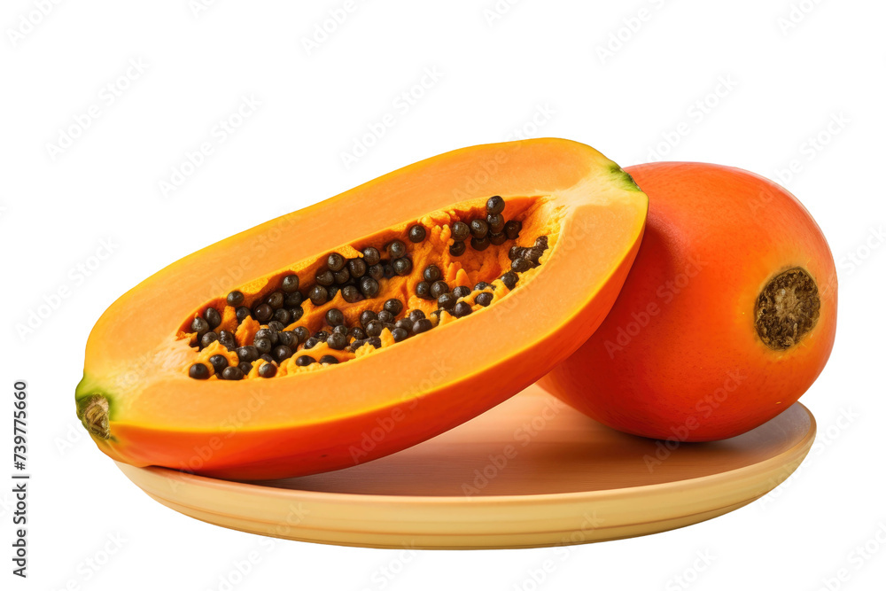 A vibrant photograph showcasing a plate with a cut papaya alongside a whole papaya, perfectly sliced in halves. on a White or Clear Surface PNG Transparent Background. A vibrant photograph showcasing a plate with a cut papaya alongside a whole papaya, perfectly sliced in halves. on a White or Clear Surface PNG Transparent Background.