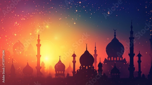 An islamic lantern with a blurred mosque in the background for al fitr and adha eid