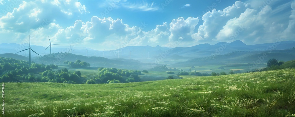 Fototapeta premium Green meadows landscape with wind generators in the distance Generative Ai
