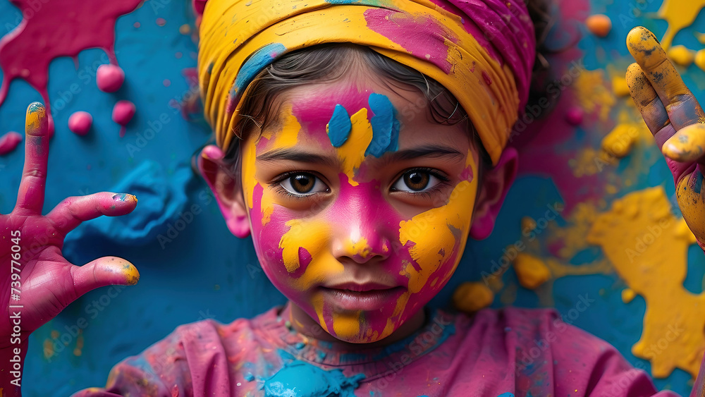 Celebration of Holi festival day colorful illustration of a child covered in paint illustration