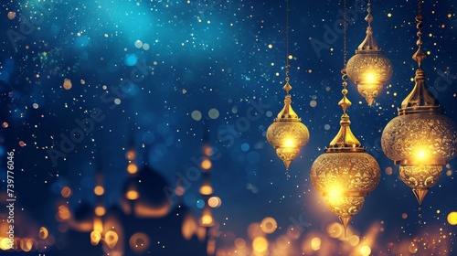 An islamic lantern with a blurred mosque in the background for al fitr and adha eid