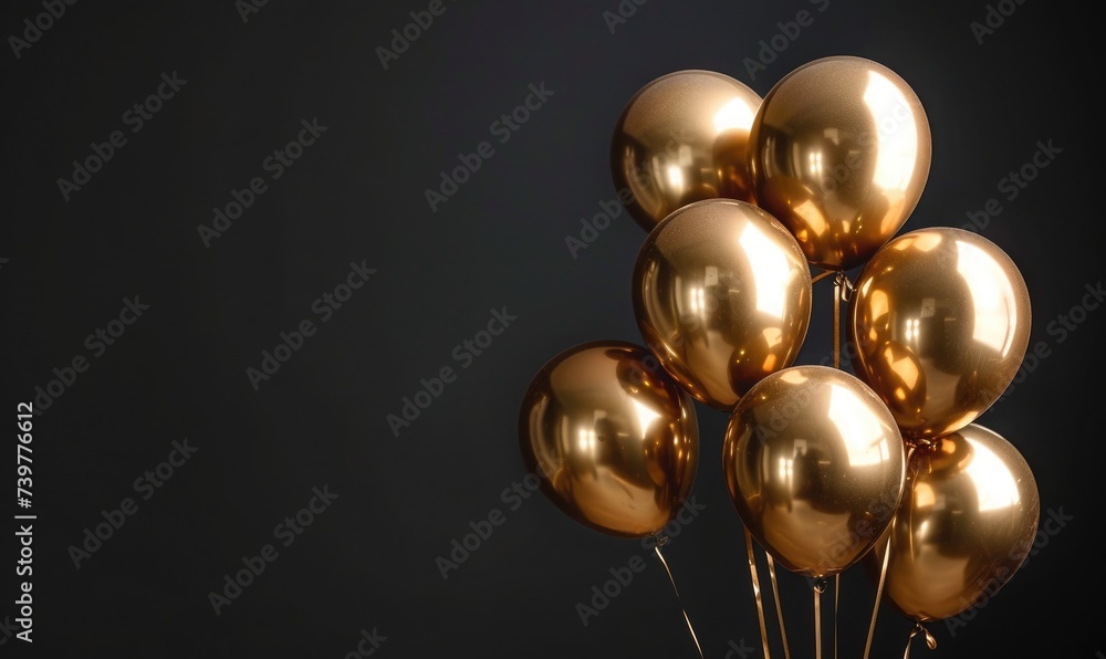 gold balloons on black background, with empty space, gold balloons on black background, with empty space,