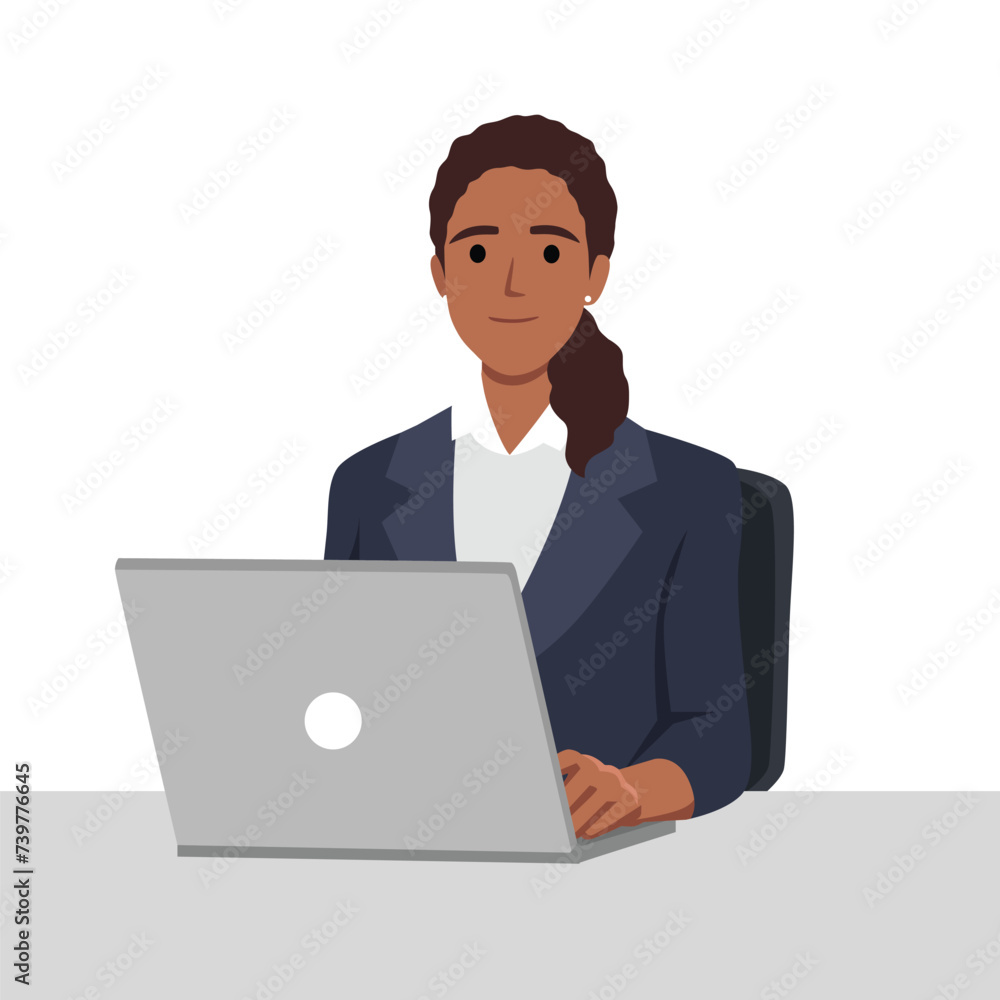 Pretty woman is sitting at desktop. Office employee at the workplace. Work at the laptop. Flat vector illustration isolated on white background Pretty woman is sitting at desktop. Office employee at the workplace. Work at the laptop. Flat vector illustration isolated on white background